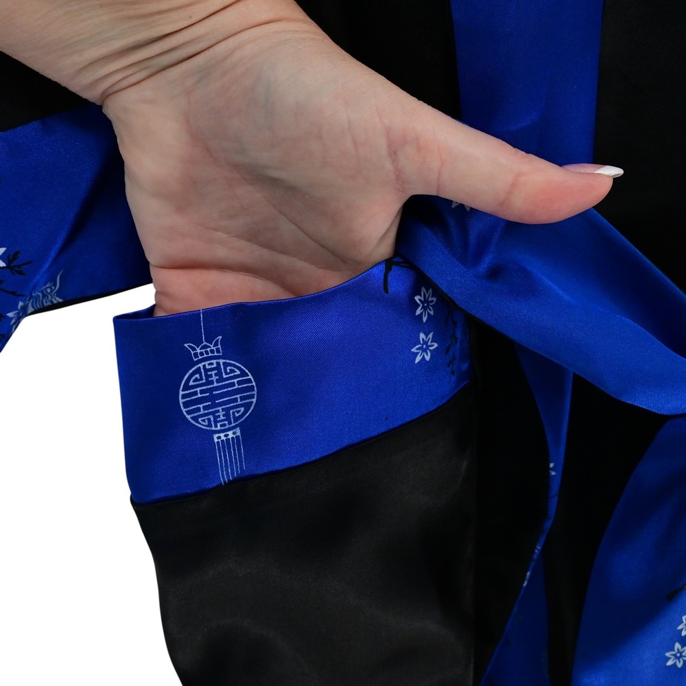 VTG Reversible Phoenix Dragon Kimono Robe Silk Satin Black Blue Pristine Boho - Picture 9 of 15